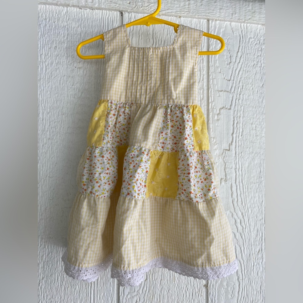 Vintage yellow patch work Blueberi Boulevard dress with lace accents 2T, floral